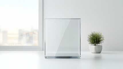 Transparent Glass Cube Display With Potted Plant Near Window in Minimalist White Interior Design Background With Bright Light