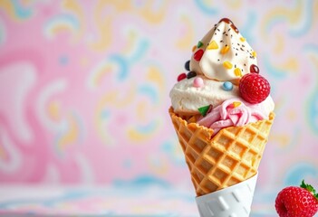 A visually appealing image of a sweet treat with a bright background, a crunchy waffle cone, and a generous scoop of creamy ice cream with toppings
