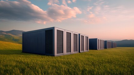 Futuristic Energy Storage Facility in Serene Landscape at Sunset