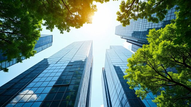 A group of tall buildings with trees in front of them.