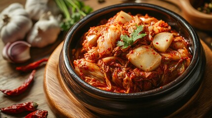 Traditional Korean-style kimchi in a handmade clay pot, with fresh ingredients like garlic, ginger, and chili scattered around for an artistic composition