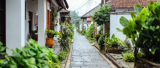 Obraz premium Charming alleyway lined with lush greenery and traditional architecture in a serene setting.
