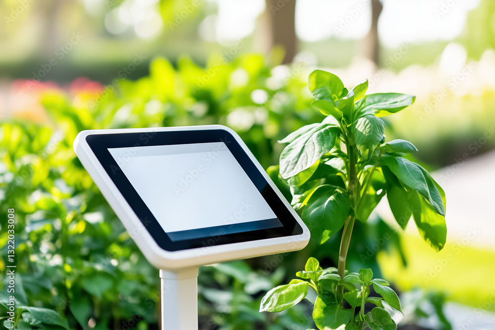 Poster touchscreen control panel displays real-time soil moisture levels, allowing precise irrigation manag