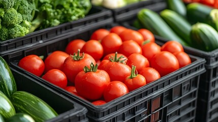 Fresh Organic Tomatoes and Vegetables in Eco Friendly Crates at Grocery Market