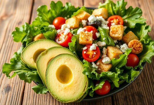 Fresh mixed greens with sliced avocado, cherry tomatoes, croutons, and feta cheese on a rustic wooden table