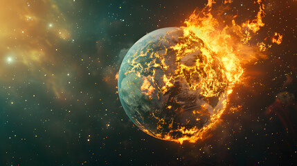 Fototapeta premium A planet is on fire and surrounded by stars
