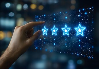 Digital Stars Feedback: Close-up shot of a hand interacting with a holographic display of glowing stars, representing user ratings and service evaluation in a high-tech setting. 