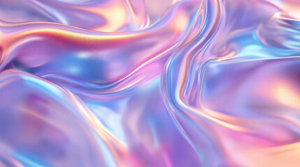 Holographic purple and blue fabric with a shiny, metallic texture. The fabric is draped over a surface, creating a sense of movement and fluidity. The colors evoke a feeling of luxury and opulence