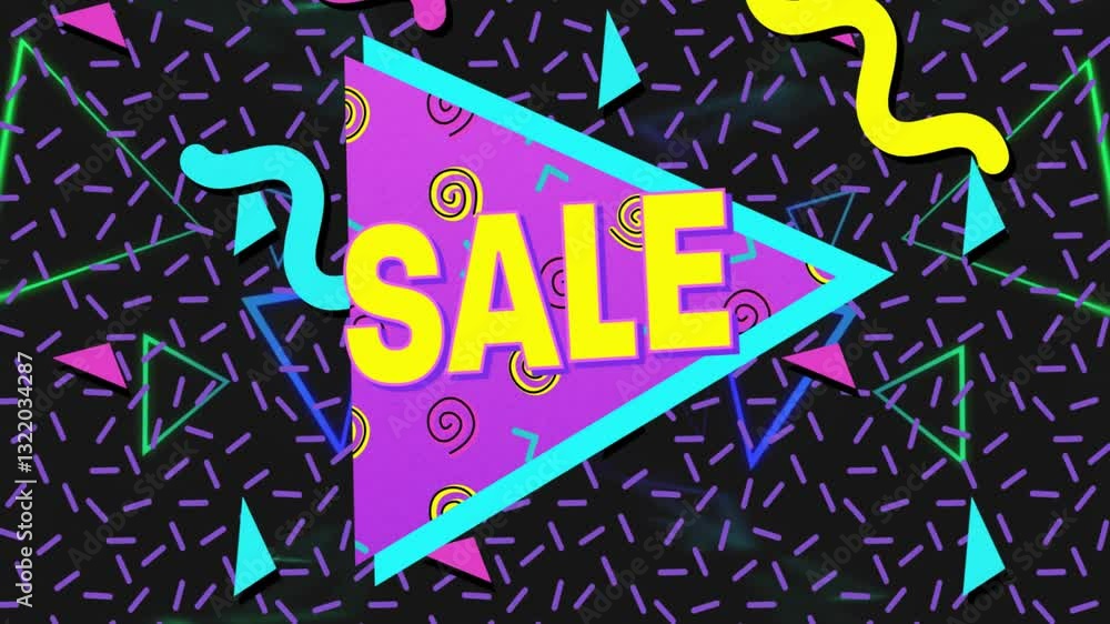 Poster sale text on vibrant patterned background with colorful geometric shapes animation