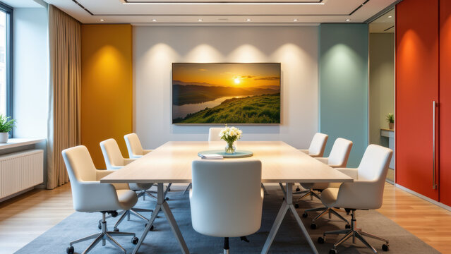 A modern meeting room with a long table surrounded by comfortable chairs, set against a backdrop of colorful acoustic panels.