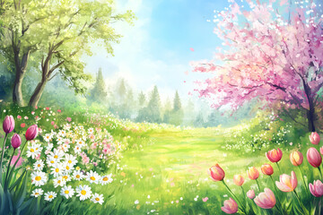 Fototapeta premium Peaceful floral landscape with wildflowers, pink cherry trees, and green meadow in warm spring sunlight