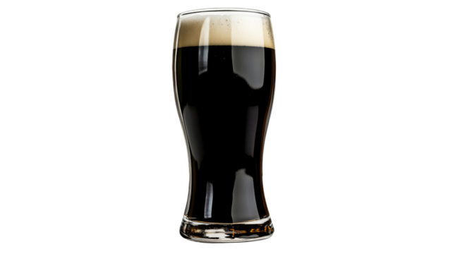Glass of dark beer with foam on transparent background