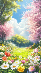 Obraz premium romantic spring garden with colorful blossoms, fresh air, and gentle sunlight, watercolor vertical wallpaper