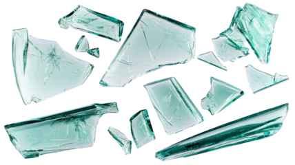 Shattered glass shards falling with transparent background