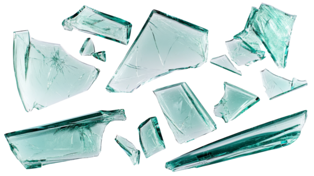 Shattered glass shards falling with transparent background