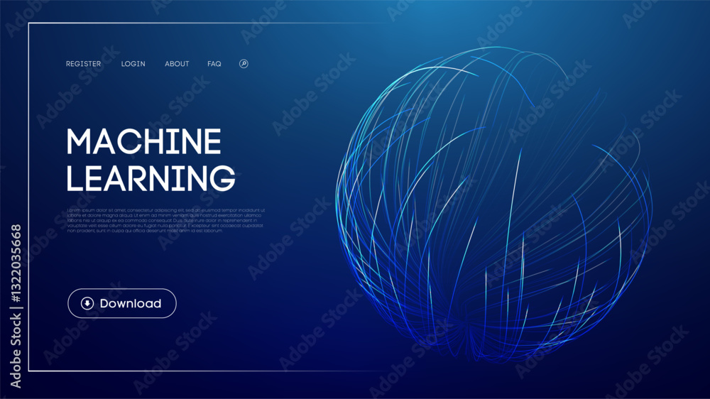 Poster machine learning technology with abstract glowing sphere, futuristic blue background, artificial int