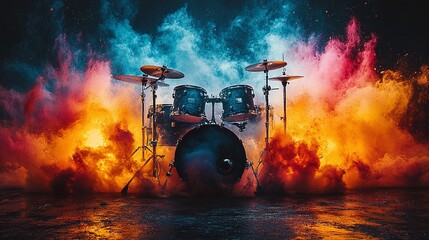 colorful musical instruments, drums, guitars, variety of music, pop, rock, jazz