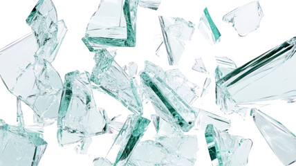 Shattered glass shards falling on transparent background