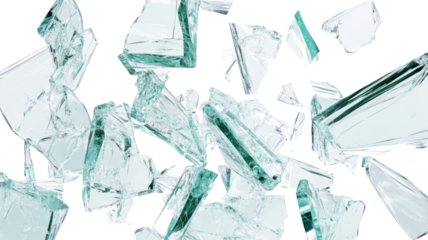 Shattered glass shards falling on transparent background