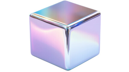 Iridescent holographic cube rotating on transparent background