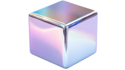 Iridescent holographic cube rotating on transparent background