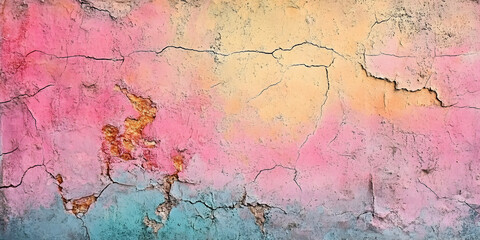 Obraz premium Textured wall with cracks and peeling paint in vibrant pastel tones of pink, yellow, and blue. A unique abstract background for design, art, and creative projects.