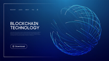 Blockchain technology concept with abstract glowing sphere, futuristic blue background, digital network visualization, decentralized finance, and modern UI design for innovation and security