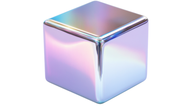 Iridescent holographic cube rotating on transparent background
