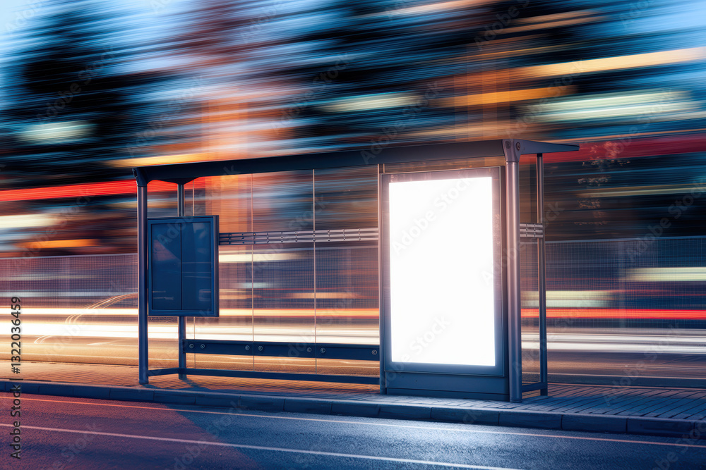 Poster futuristic bus stop at dusk with abstract motion blur and empty advertising space