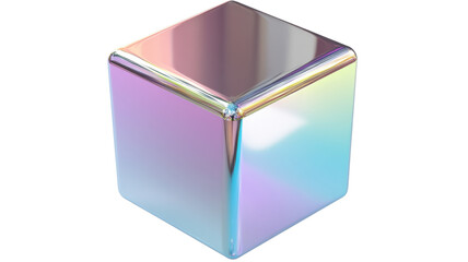 Iridescent holographic cube rotating on transparent background