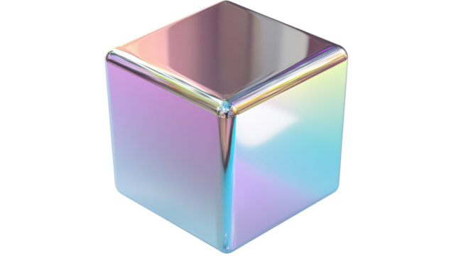 Iridescent holographic cube rotating on transparent background - Powered by Adobe