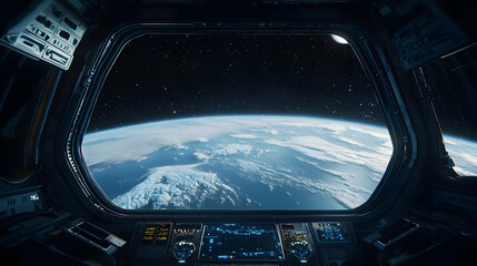 View Of Planet Earth From Spaceship Cockpit Window With Digital Display And Control Panel In Futuristic Spacecraft