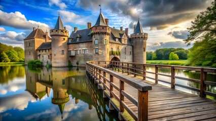 Obraz premium Medieval Castle with Moat and Wooden Bridge
