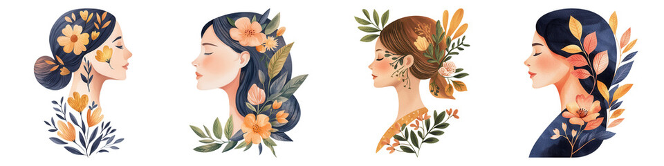 International Women's Day. Watercolor style. Four illustrated profiles of women adorned with floral elements and vibrant colors.