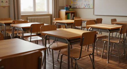 Empty Classroom: Desks, Chairs, Sunlight, Ready for Learning. School, Education, Academic Scene. Serene & Inspiring Interior Photo.