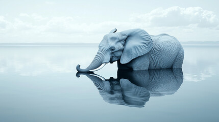 Fototapeta premium Artistic photo of elephant with reflection in calm water 