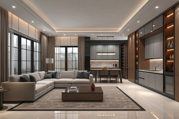 Modern, spacious living area with integrated kitchen.  Open concept, sophisticated design
