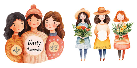 International Women's Day. Watercolor style. Women celebrating unity with flowers and messages of Unity Diversity.