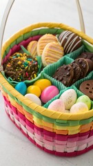Fototapeta premium Assorted Easter Candies Arranged in a Colorful Basket for Festive Celebrations Generative AI