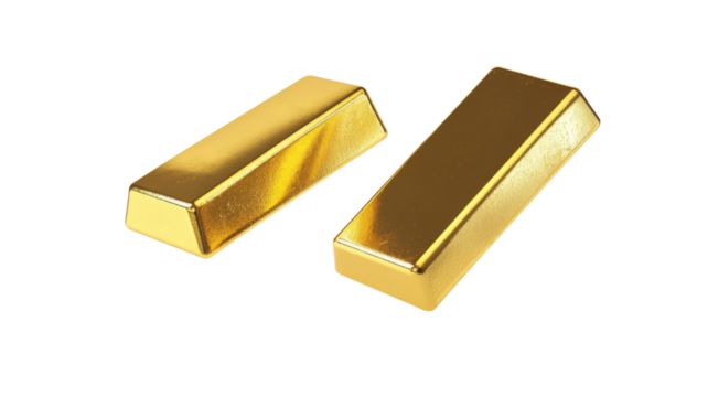 Two gold bars falling on transparent background