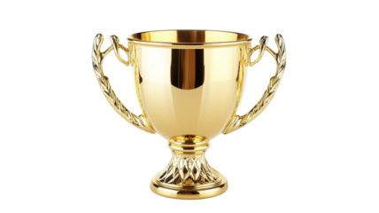 Shiny gold trophy cup celebrating victory on transparent background