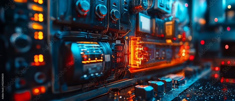 Poster Intricate array of glowing electronic components and dials