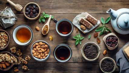 arranged flat lay composition featuring artisan coffee and premium loose-leaf tea,