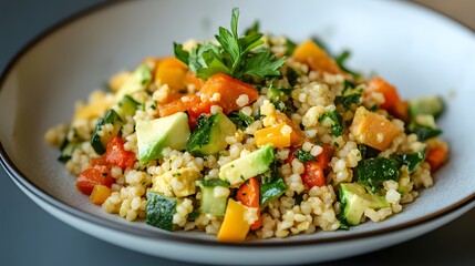 Colorful Plant Based Meal with Fresh Vegetables and Grains Served in a Bowl