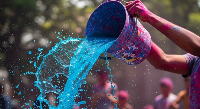 Close-up of hands pouring blue water from a bucket during Holi celebrations, capturing the festive energy. Holi, festival of colors. colorful background. holi background.
