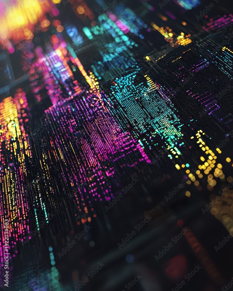 Poster abstract colorful data visualization with neon lights and digital patterns