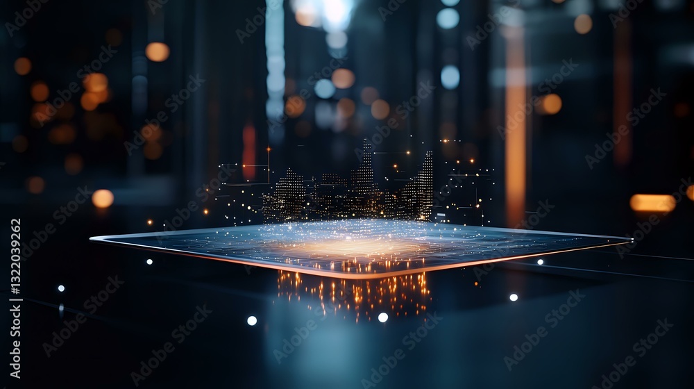 Poster digital tablet floating in dark space with glowing particles and light reflections creating futurist