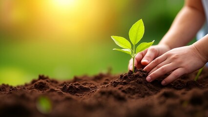 A close up of a person's hands holding a small plant in the dirt.