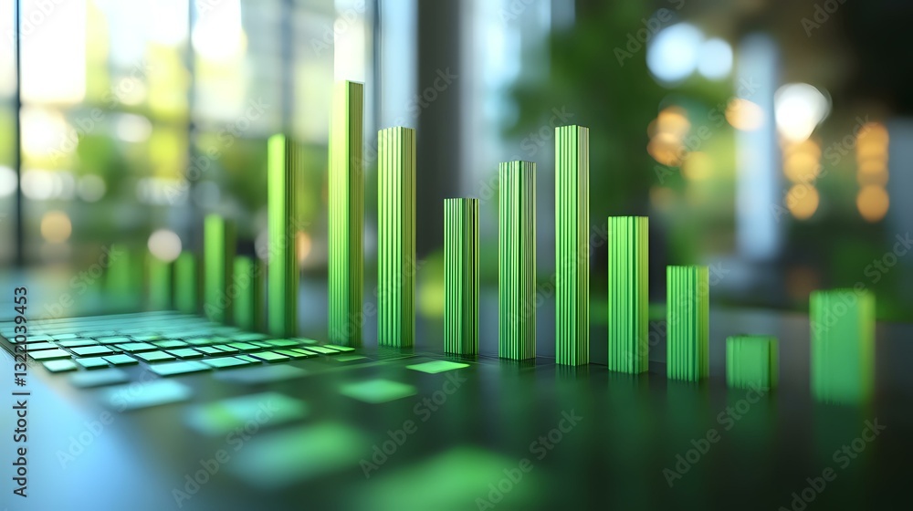 Poster green glowing bar chart visualization showing financial or business data analysis with dynamic heigh