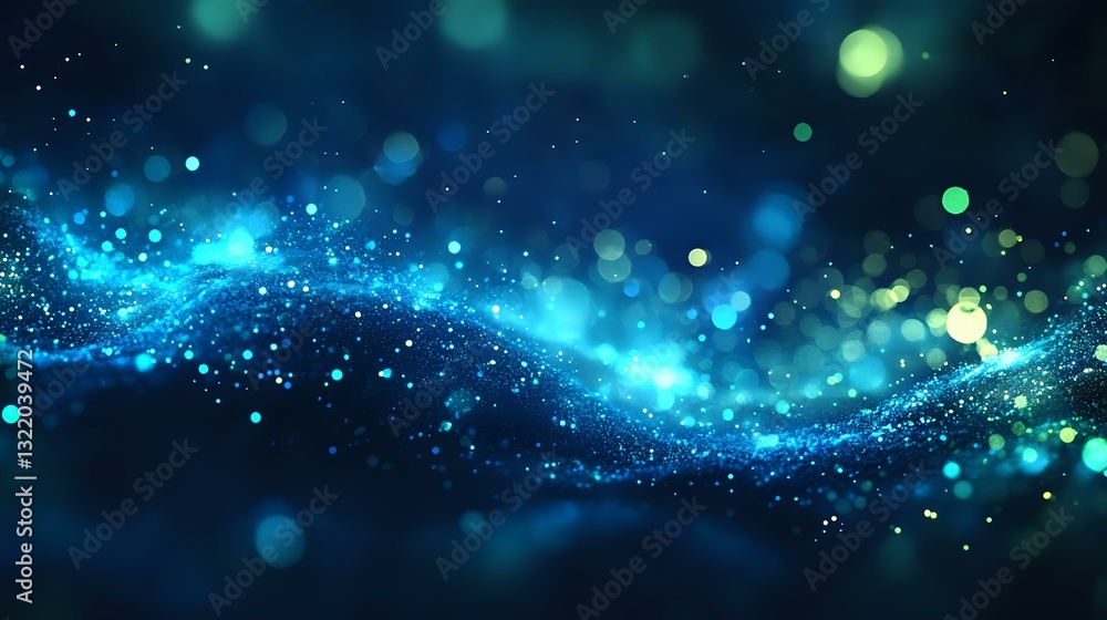 Poster magical glowing particles flow in deep blue space creating ethereal wave effect with sparkling bokeh